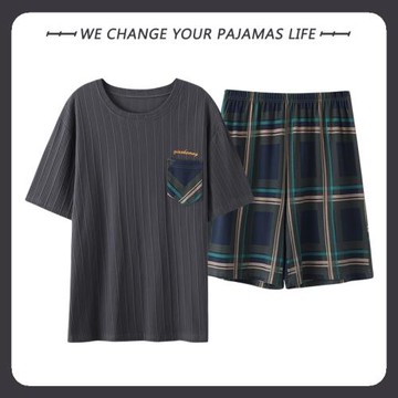 高級感夏季男士睡衣短袖短褲純棉夏天薄款寬松加肥大碼家居服套裝