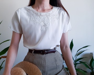 復古 70 年代象牙白手工刺繡襯衫紐帶襯衫中式襯衫