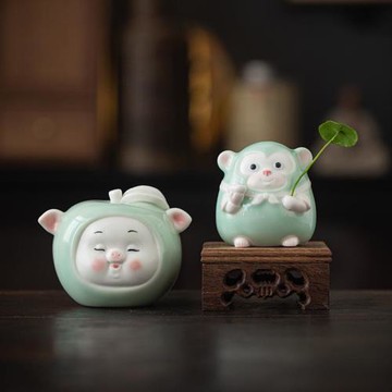 陶瓷茶寵擺件可愛小豬小猴公仔茶桌茶臺裝飾品辦公室桌面小擺設