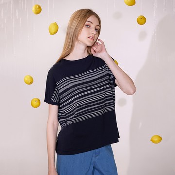 有機棉橫刷紋圓領寬版針織衫(2色)