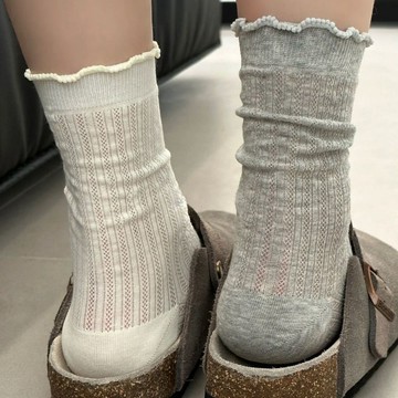 臺灣/✨襪子韓版 ins時尚純色鏤空網眼中筒襪春夏日系薄款簡約少女花邊堆堆襪