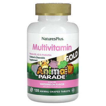 NaturesPlus, 生命之源動物遊行金版，兒童咀嚼多維生素和礦物質補充劑，天然西瓜味，120 片動物形片劑