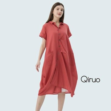 【Qiruo 奇若】春夏專櫃精品橘色短袖洋裝2496F襯衫式洋裝
