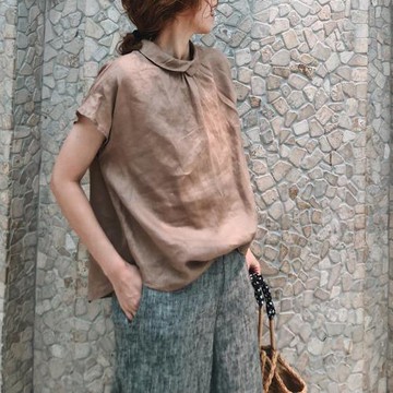 2025秋新女 日系韓版大碼復古文藝翻領棉麻亞麻學院風短袖襯衫