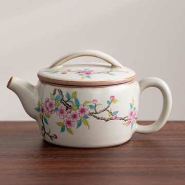 米黃汝窯山水畫漢瓦陶瓷茶壺泡茶家用開片可養汝窯功夫一人用單壺