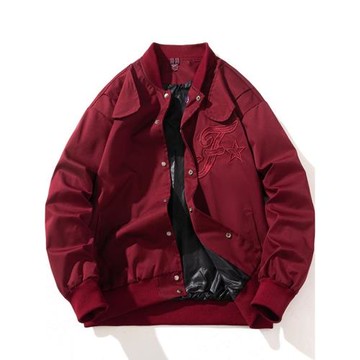 春秋季潮牌街頭寬松外套刺繡飛行員夾克男女情侶酒紅色上衣棒球服