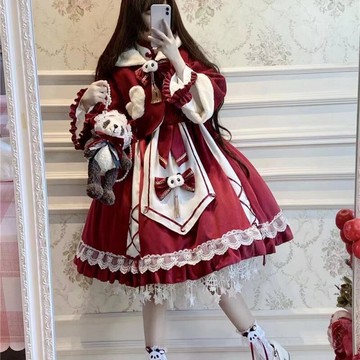 洛麗塔原創學生秋冬lolita裙子中華風熊貓長袖紅旗袍連衣裙斗篷冬