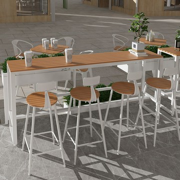 免運 實木吧檯桌 戶外吧檯桌 簡約戶外家用陽臺鐵藝塑木桌椅現代咖啡店室外防腐高腳靠墻吧臺桌 可開發票 全館五折 工廠現貨直銷 新品特價 c8288