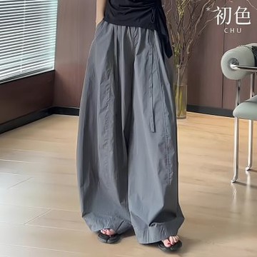 初色 美式慵懶純色寬鬆薄款垂墜闊腿彎刀褲休閒褲寬褲長褲-灰色-51897(M-2XL可選)