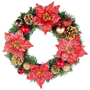 摩達客耶誕 浪漫朵朵聖誕花豪華綠色聖誕花圈福臨圈  紅金系  1個  14吋