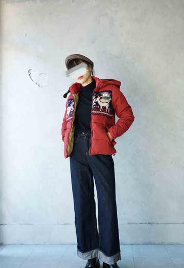 尋寶古著-Jeep暗紅色針織雪花拼接羽絨鴨絨保暖連帽外套