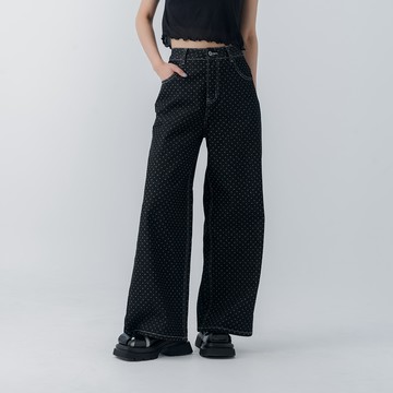 QUEENSHOP_V 女裝 點點造型設計寬版牛仔長褲 XS/S/M/L 現+預 【04011866】