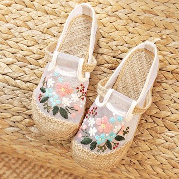 老北京布鞋女士透氣網布懶人繡花鞋輕便軟底亞麻女學生休閑漁夫鞋