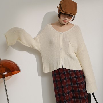 單口袋慵懶針織外套-白【KT28968】