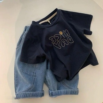 【台灣出貨】免運2026韓版 男童短款 夏季短袖 兒童休閒藏藍T恤 寶寶百搭半袖男童夏裝