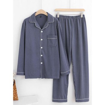 無印風小格子德絨睡衣男士秋冬季保暖加絨長袖家居服套裝日系簡約