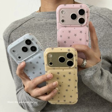 溫柔韓系粉藍黃星星細閃適用防摔殼 iphone17promax手機殼16 15 14 13 保護套 蘋果保護殼 不撞款
