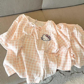 DUYI~夢詩 睡衣女軟萌可愛卡通圓領格子貓咪夏季新款短袖短褲家居服套裝外出