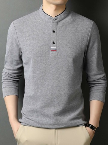 公司貨附發票 長袖上衣男 春秋純棉中年長袖T恤男小立領寬松休閑純色爸爸裝上衣全棉體恤衫 最低價 快速出貨