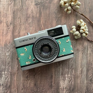 Olympus TRIP 35 底片相機  綠色貓咪圖案真皮 整修完成 附底片