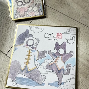 【CaTwo貓2】插畫角色 白胖與夜喵 手繪 鉛筆/淡彩 簽繪版