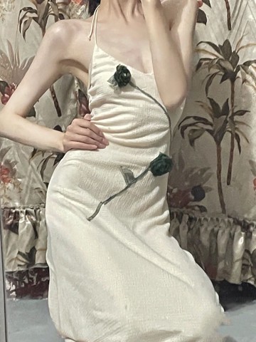 吊帶裙連衣裙款小眾高級設計感黑灰繞藤山茶洋裝吊帶百搭裙新