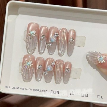 🎁帶鑽爆閃🎁【海邊漫步】純手工高定貓眼 手工穿戴甲 氣質美甲 百搭僊女款 新年穿戴甲 顯白美甲片 高級感穿戴甲