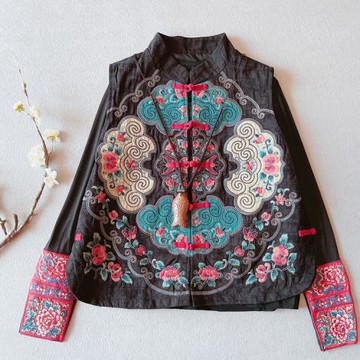 民族風重工刺繡春秋女裝馬甲外穿中國風復古盤扣上衣茶服棉麻背心