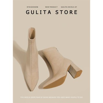 古莉塔絨面粗跟短靴女秋冬彈力瘦瘦靴裸靴女尖頭高跟靴女裸色襪靴