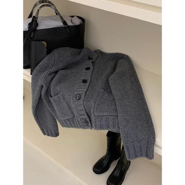 深灰色毛衣外套女秋冬高級感溫柔氣質時尚顯瘦半高領長袖針織開衫