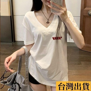 🌈台倉出庫🌈 韓版美式T恤短袖新款夏季2025新款寬鬆休閒白色V領顯瘦上衣潮
