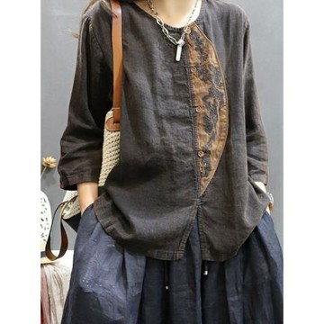 棉麻上衣女文藝復古2026新款襯衫撞色刺繡寬松優雅別致國風上衣女