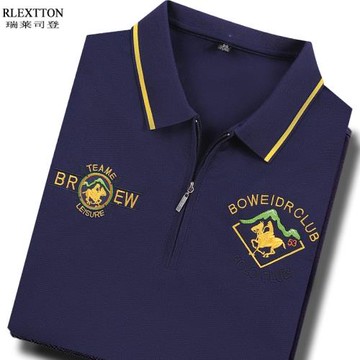 夏季拉鏈短袖男裝t恤翻領高檔刺繡POLO衫冰絲光棉寶藍深藍色上衣