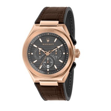 MASERATI 玫瑰金三眼咖啡色皮帶腕錶43mm(R8871639003)