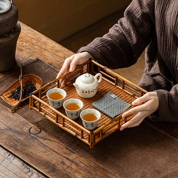 中式梅鹿竹茶具收納盤復古竹茶盤干泡盤長方形茶托茶杯架大號茶臺