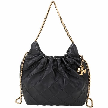 TORY BURCH Fleming Hobo 雙鍊帶菱格納帕皮革手提 斜背流浪包(黑色)
