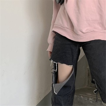 黑色破洞牛仔褲女夏新款薄款高腰顯瘦寬松直筒高街褲子ins潮