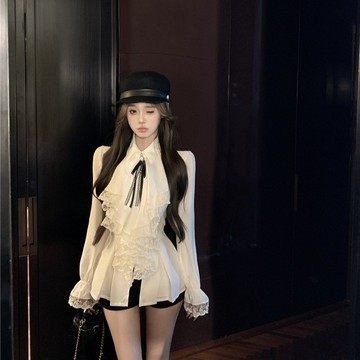 實拍實價歸國千金法式復古宮廷風蕾絲荷葉邊襯衫內搭春夏上衣女