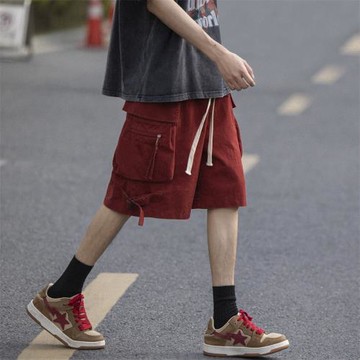 日系復古紅色工裝短褲男夏季潮牌休閑寬松oversize褲子運動五分褲