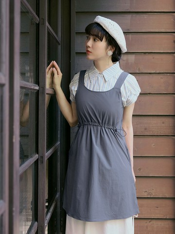 涼感．抗UV調節腰寬肩帶冰河系防曬短洋裝