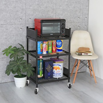 【品樂生活】45X60X98CM 包邊厚鐵框圍籬款三層推車 烤漆霧黑/置物架/波浪架/收納架/鐵力士架