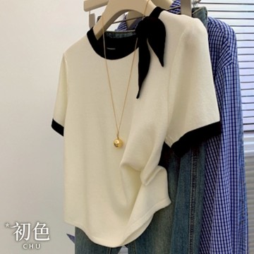 初色 清新風休閒撞色蝴蝶結圓領短袖針織衫上衣女上衣-白色-12828(F可選)