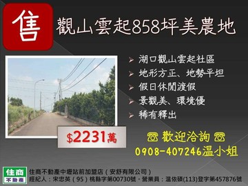 湖口觀山雲起．858坪景觀農地．環境優｜新竹縣湖口鄉長安路