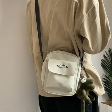 【JC Collection】日韓ins風簡約百搭迷你星球圖案帆布側背包斜背包(米白、焦糖、黑)