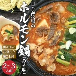 日本海牧場のホルモン鍋（みそ味）ホルモン、九条ネギ、麺2玉付