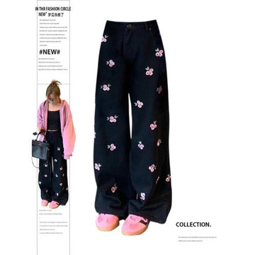 大碼2024新款設計感復古櫻桃刺繡牛仔褲子女寬松vibe美式闊腿長褲