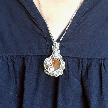 鍍銀線繞編墜飾項鍊~石來運轉E款(橙色瑪瑙)手作的詩手作設計單品