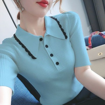 短袖上衣 超讚 設計小衆夏季新款韓版冰絲Polo領短袖女修身百搭套頭針織打底衫上衣潮2