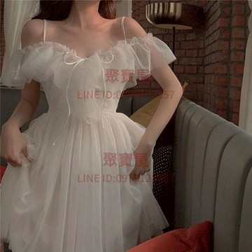 細肩帶洋裝款吊帶連衣裙仙女裙女生日宴會禮裙超仙溫柔仙氣紗質中長【聚寶屋】