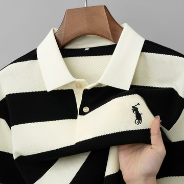 【新款熱賣】刺繡馬球男士長袖POLO衫翻領撞色條紋T恤男商務休閑菠蘿紋新上衣t